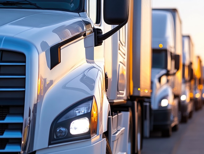 Efficient semi truck fleet lined up at logistics hub during sunset, showcasing importance of transportation in supply chain management.