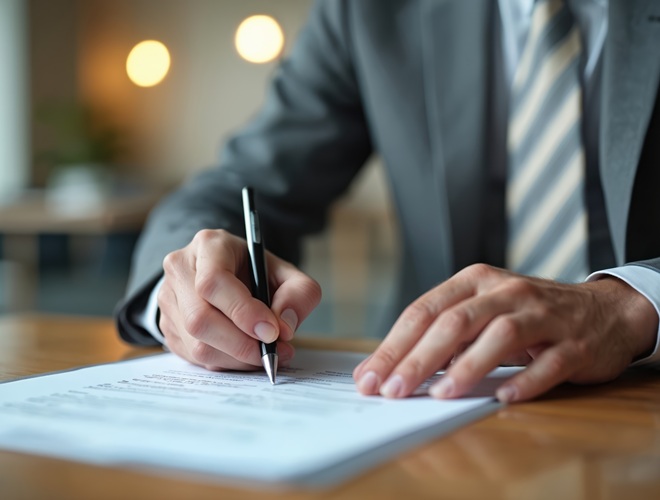 Man signs insurance contract, liability agreement with pen. Businessman in formal suit reading legal document on wooden desk. Financial risk mitigation pro security.